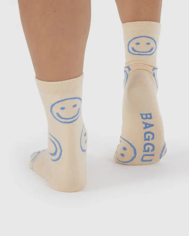 Crew Sock - Ecru Periwinkle Happy