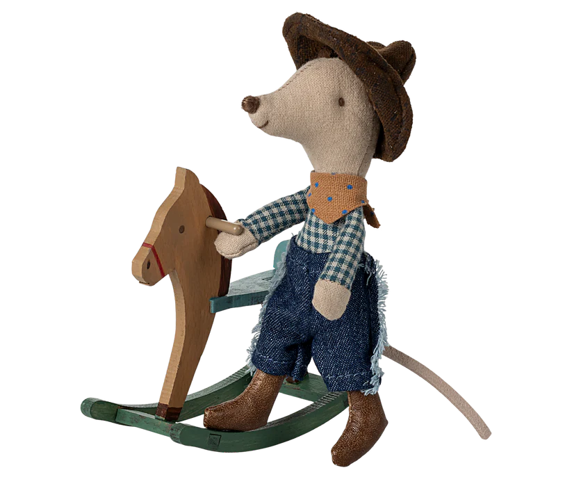 Cowboy mouse on rocking horse, Little brother