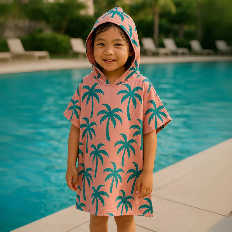 Kids Hooded Upf50+ Poncho (Coral Palm Trees)