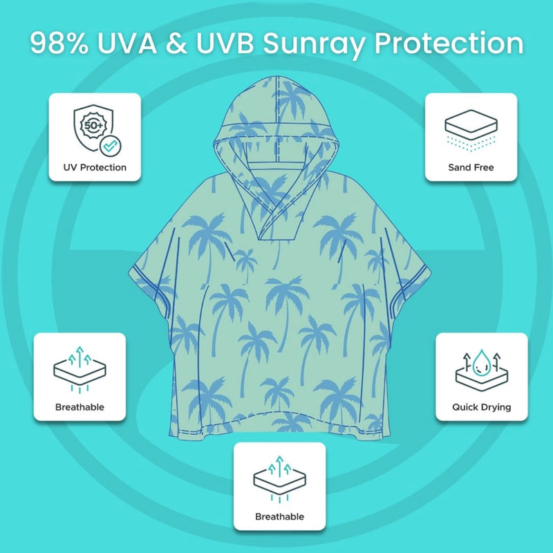 Kids Hooded Upf50+ Poncho (Seafoam Palm Trees)