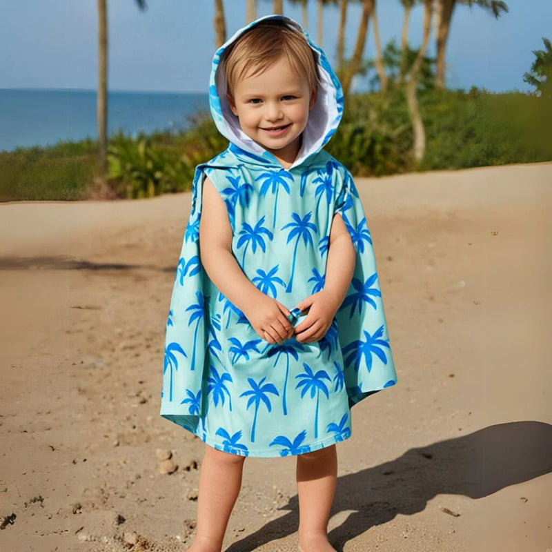 Kids Hooded Upf50+ Poncho (Seafoam Palm Trees)