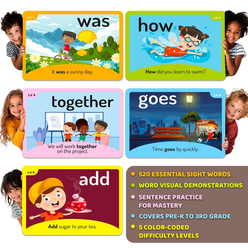 Sight Words Flash Cards w/ Images & Sentences