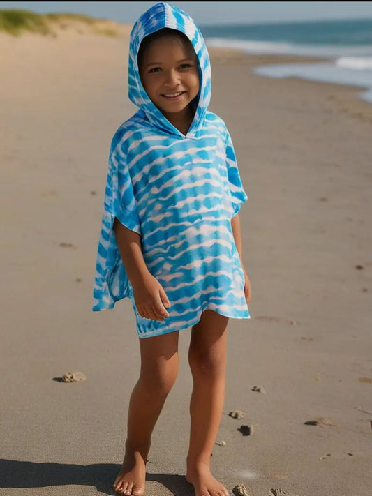 Kids Hooded Upf50+ Poncho (Blue Ripples)