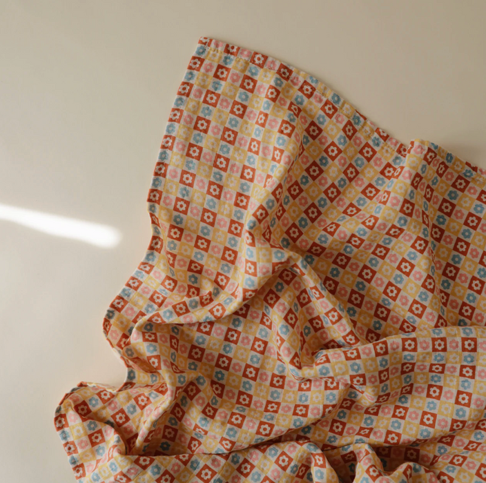 Organic Cotton Muslin Swaddle Blanket - Happy Flowers Check
