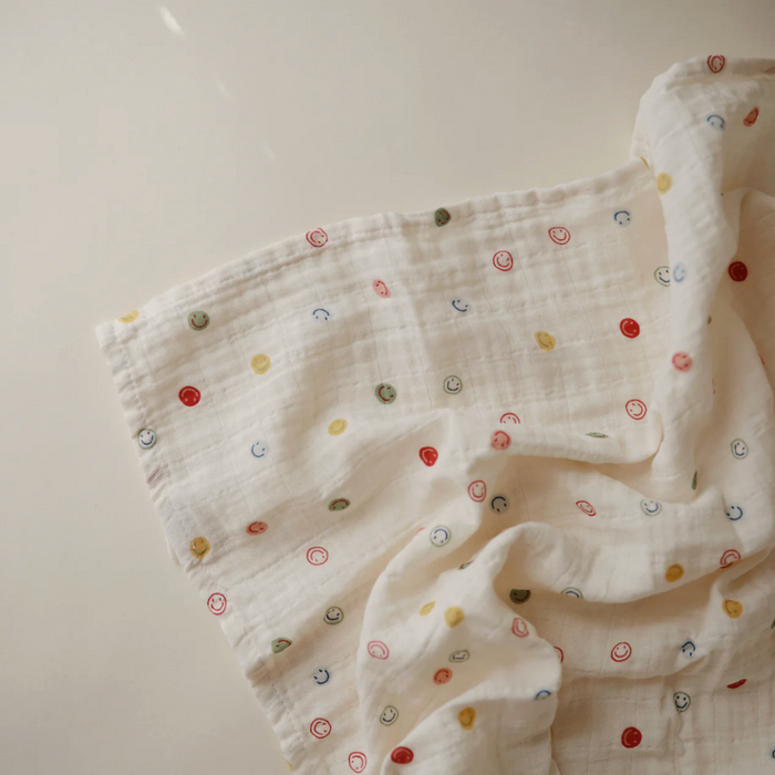 Organic Cotton Muslin Swaddle Blanket - Smiley Face