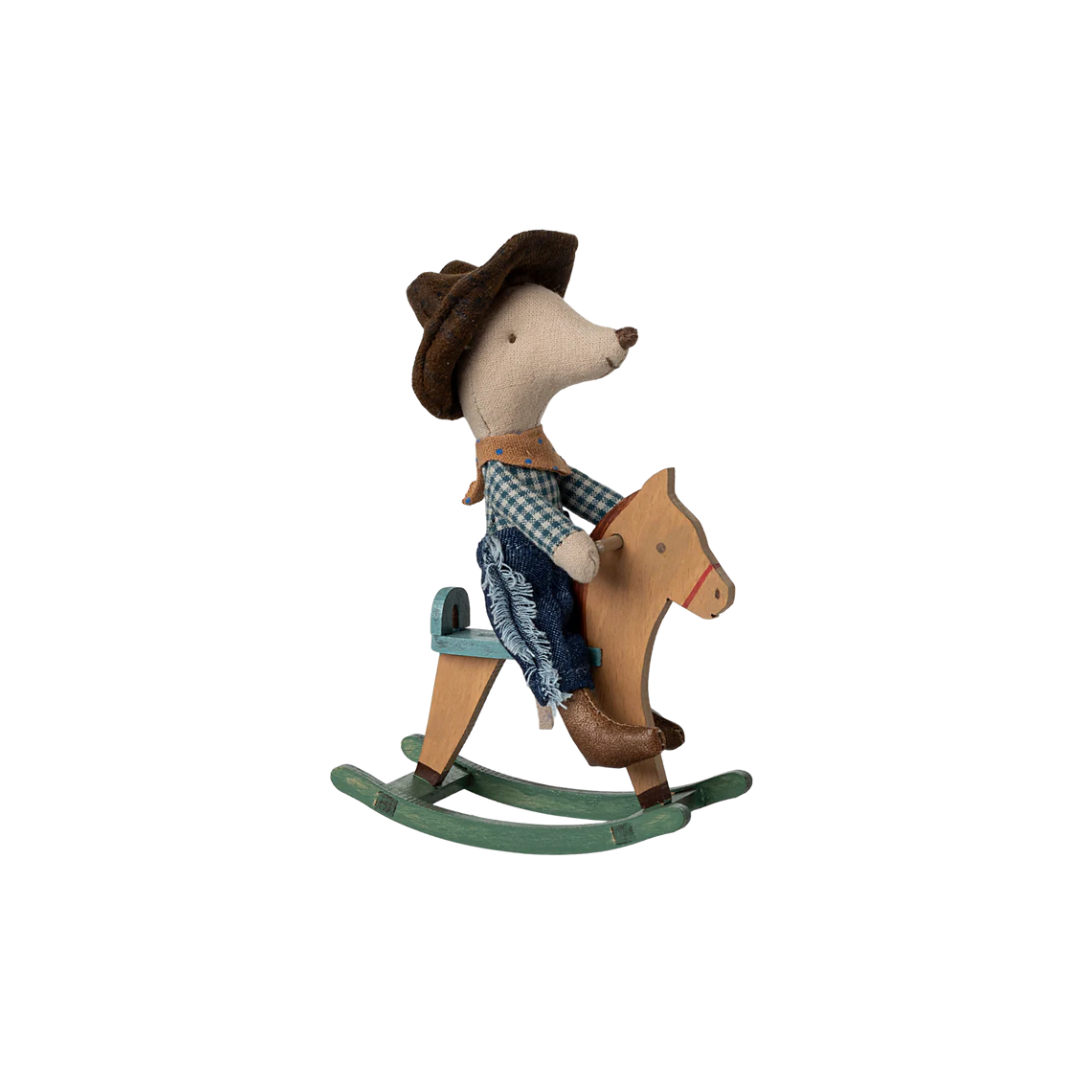 Cowboy mouse on rocking horse, Little brother