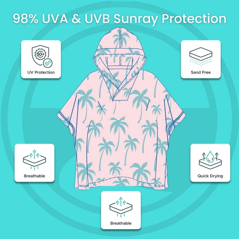 Kids Hooded Upf50+ Poncho (Coral Palm Trees)